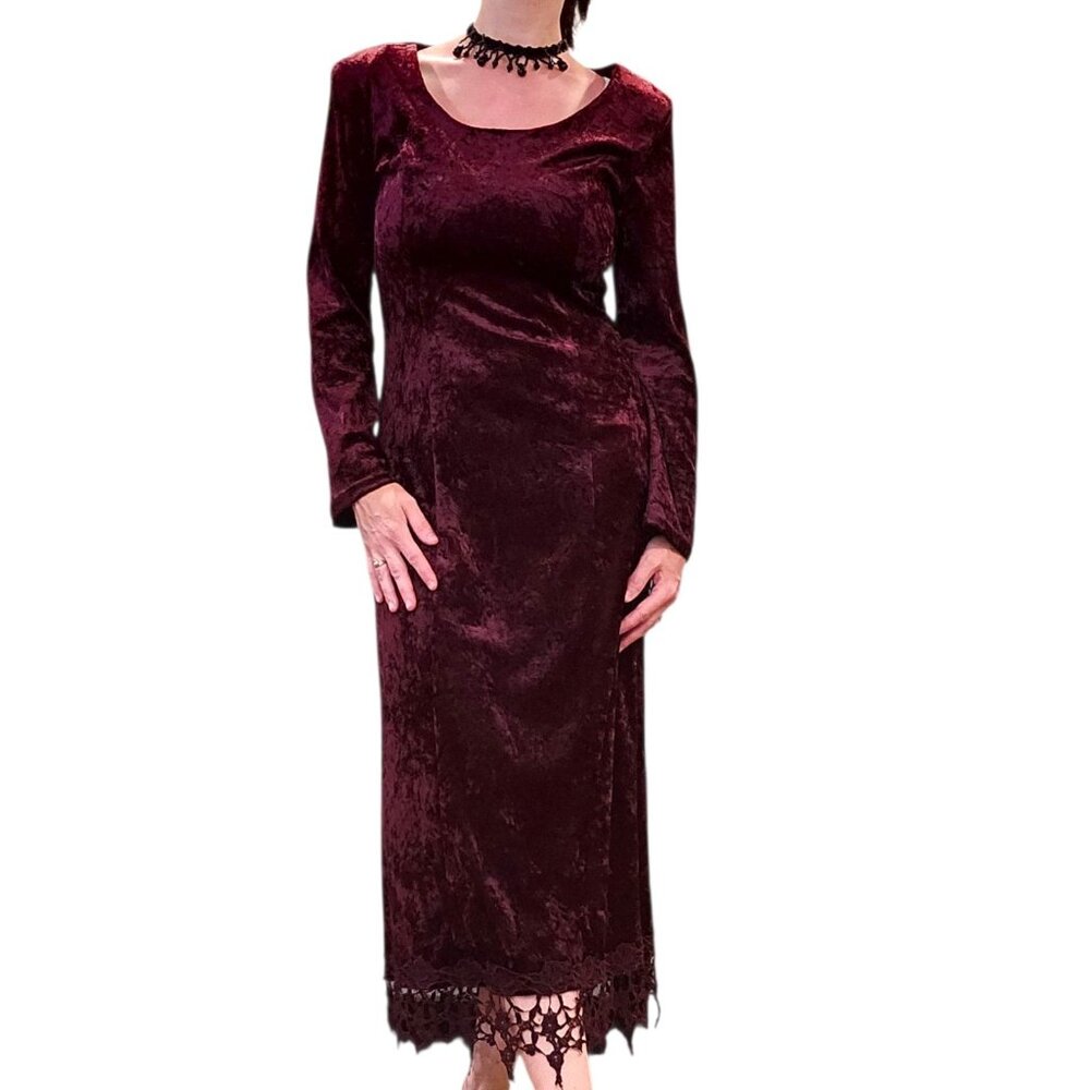 90s Burgundy Crushed Velvet Longsleeve Midi Dress Gothic Sz 6 Crochetโ Lace